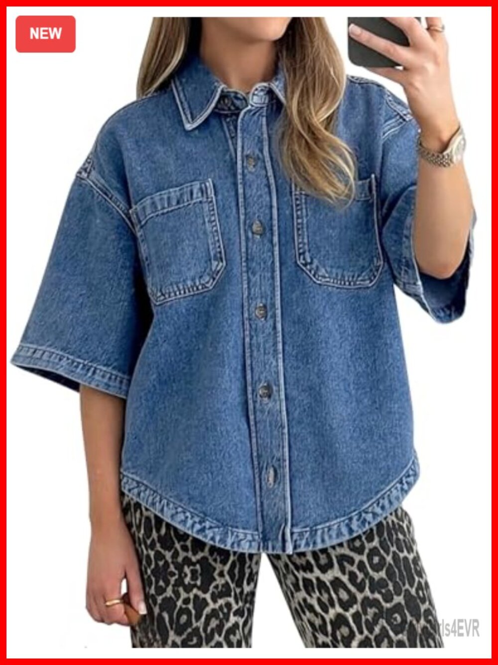 Women's Denim Shirt Button Down Short Sleeve Casual Top Blouse Oversized